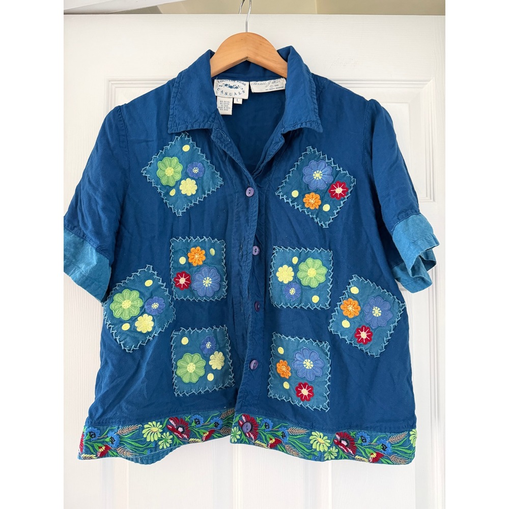 Vintage Country Wear Casuals Button Down Patchwork Floral‎ Embroidered Shirt